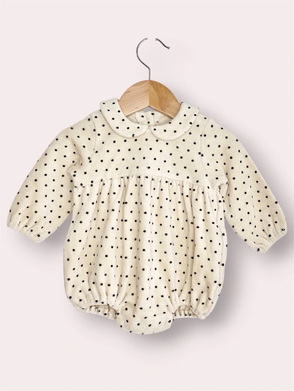 NWT Quincy Mae Peter Pan romper cream velour w/ polka dot organic cotton 3-6 mon